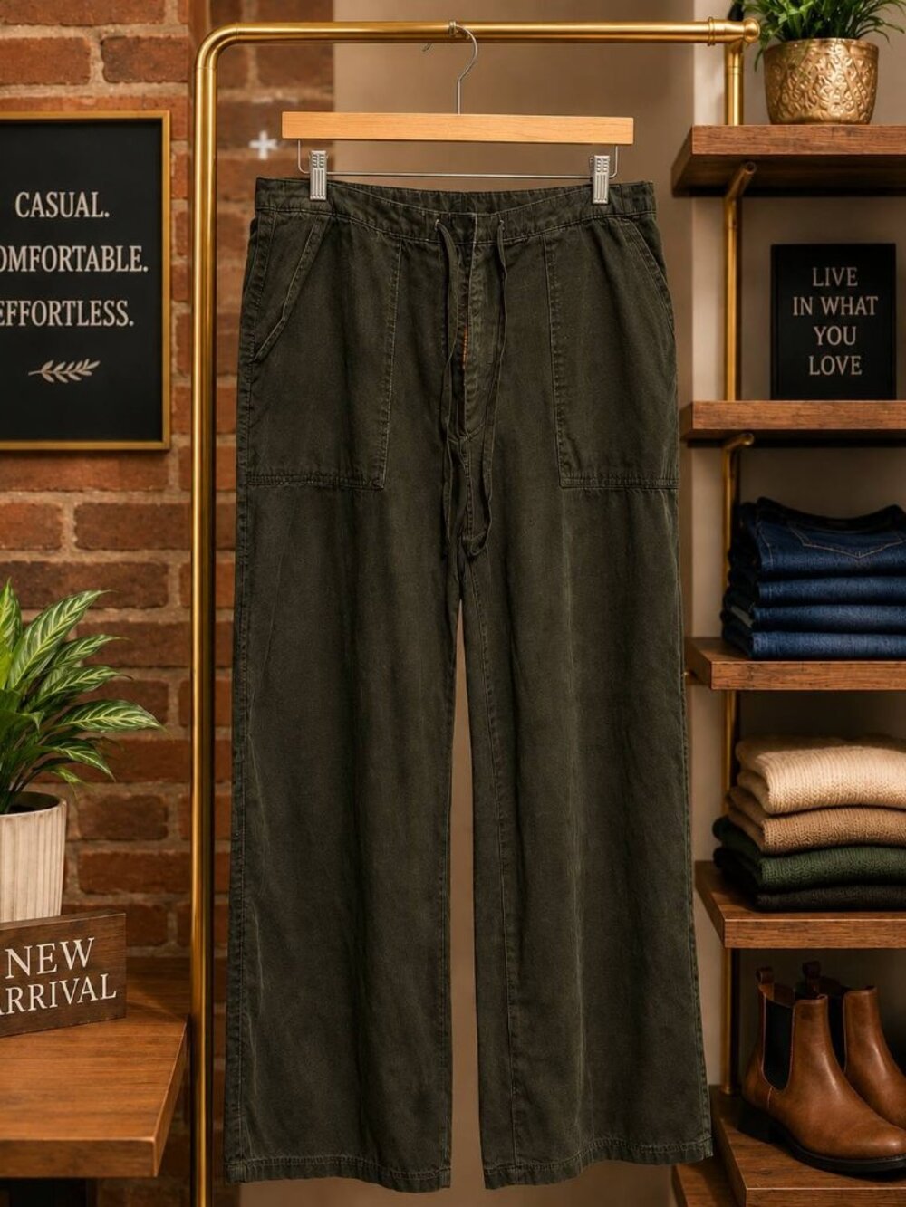 Sage Olive Green Tie Zipper Pants Size Large